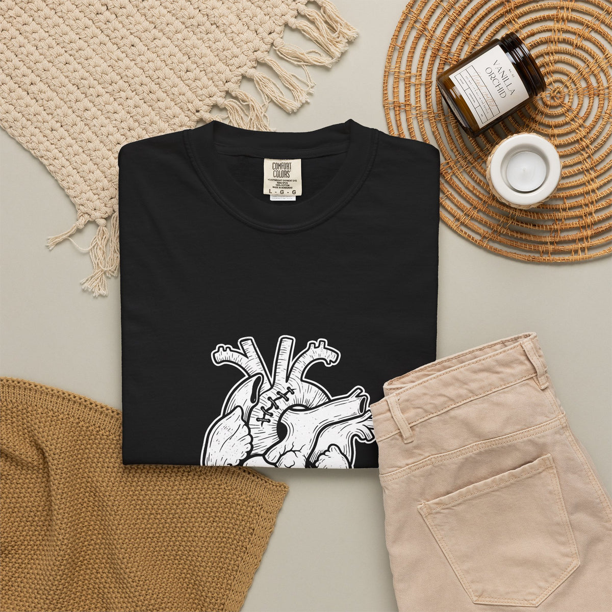 BRKN Stitched Heart Heavyweight Tee, Black (Unisex)