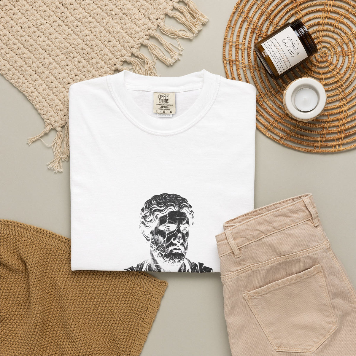 BRKN Broken Statue Heavyweight Tee, White (Unisex)