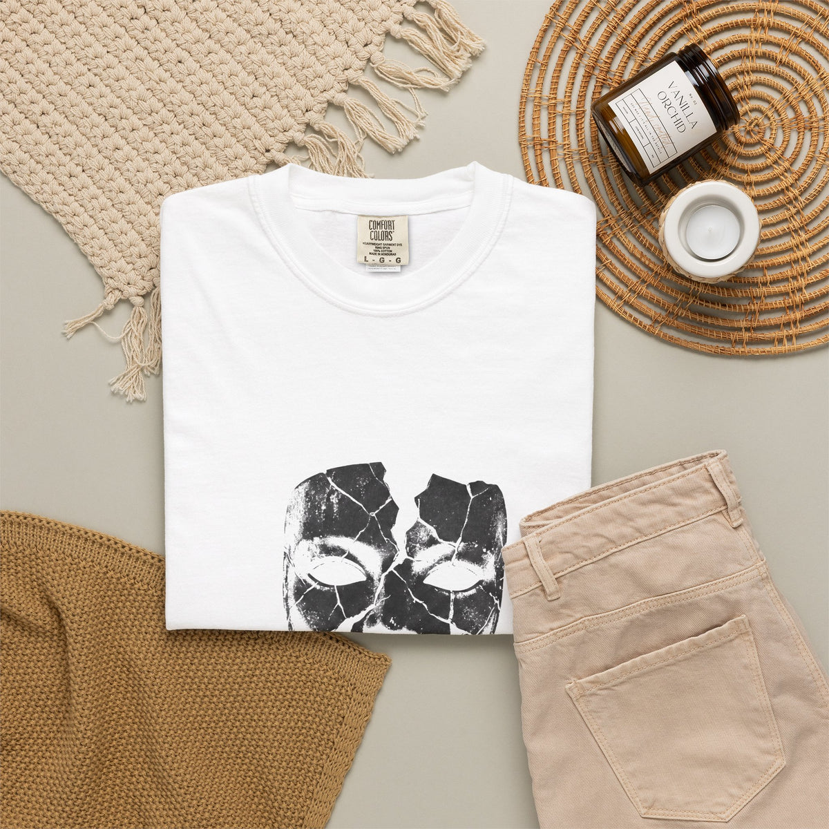 BRKN Cracked Mask Heavyweight Tee, White (Unisex)