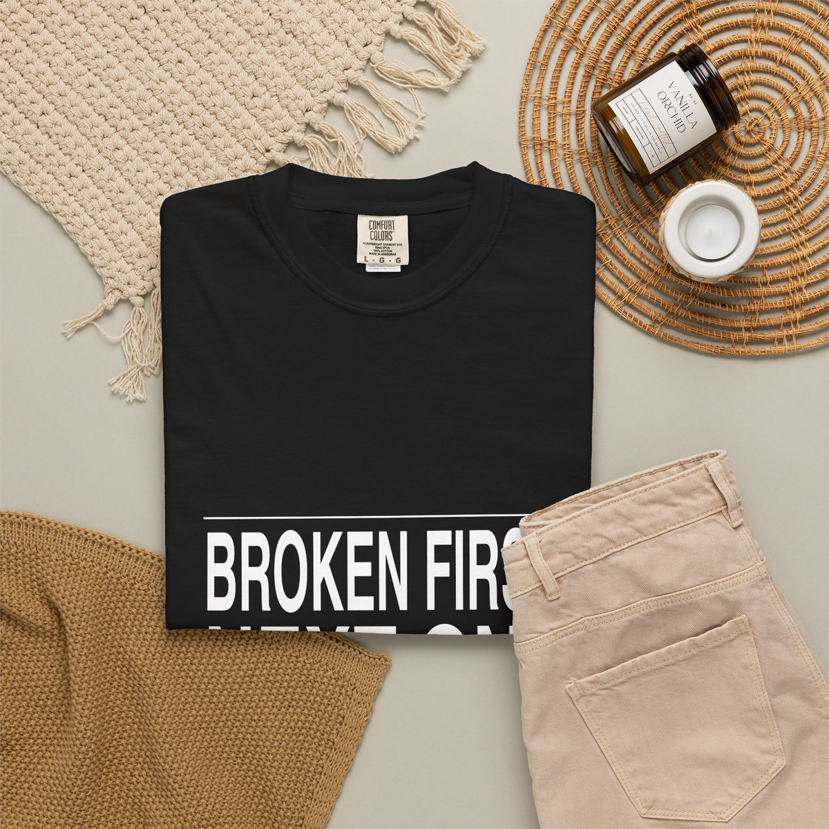 BRKN Broken First Next One Anyway Heavyweight Tee, Black (Unisex)